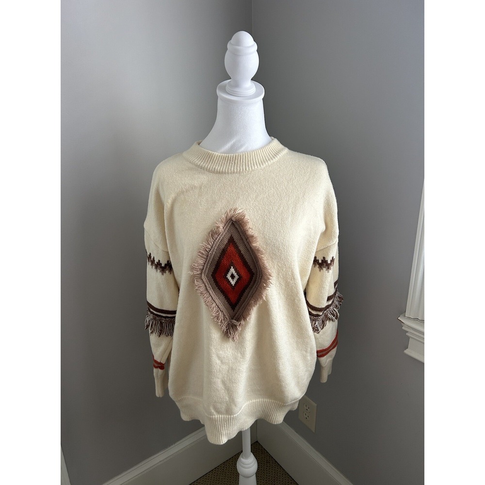AndTheWhy Cream Western Fringe Aztec Sweater‎ Size M\L